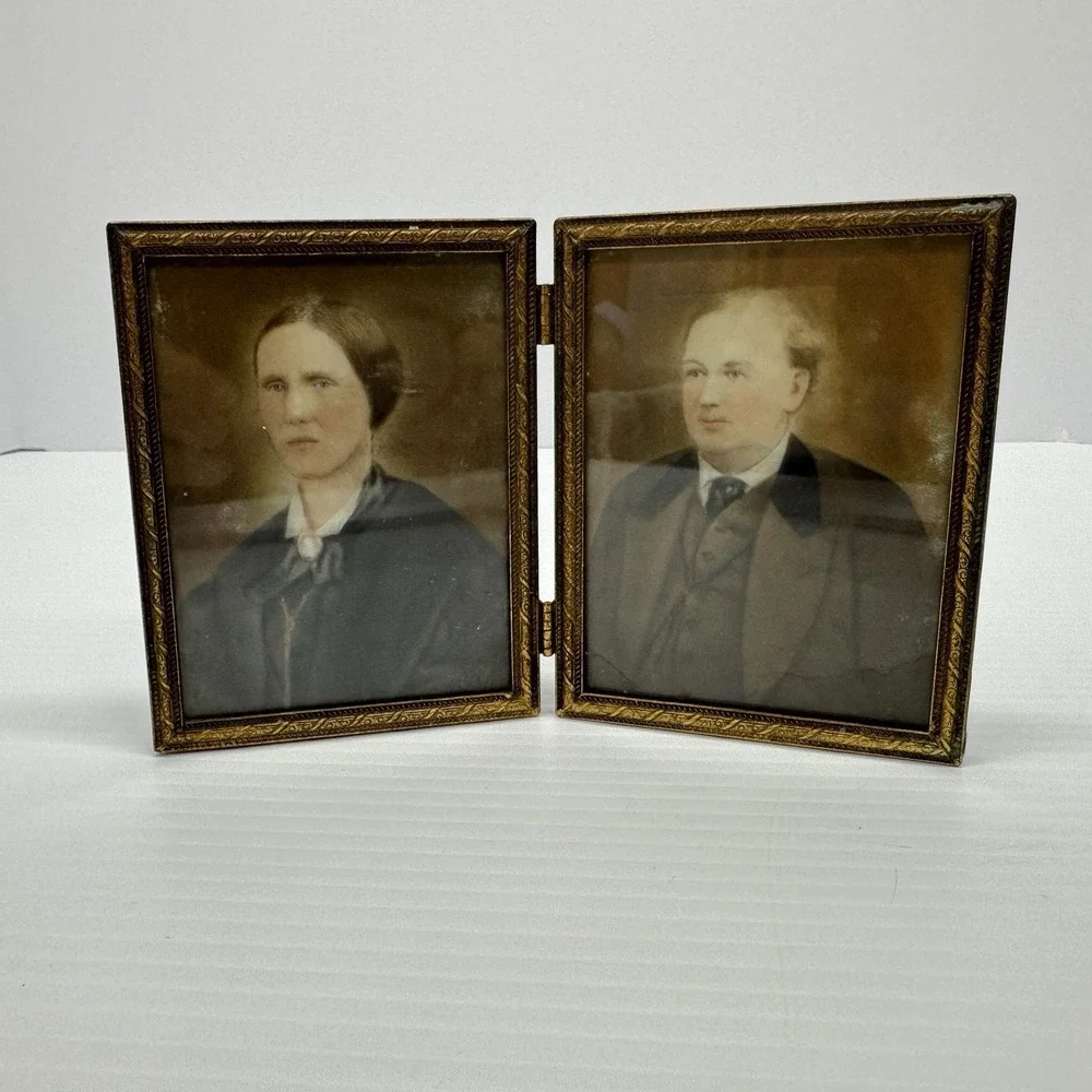 Pair of Antique Husband & Wife Color Portrait Miniatures Hinged Brass Frame